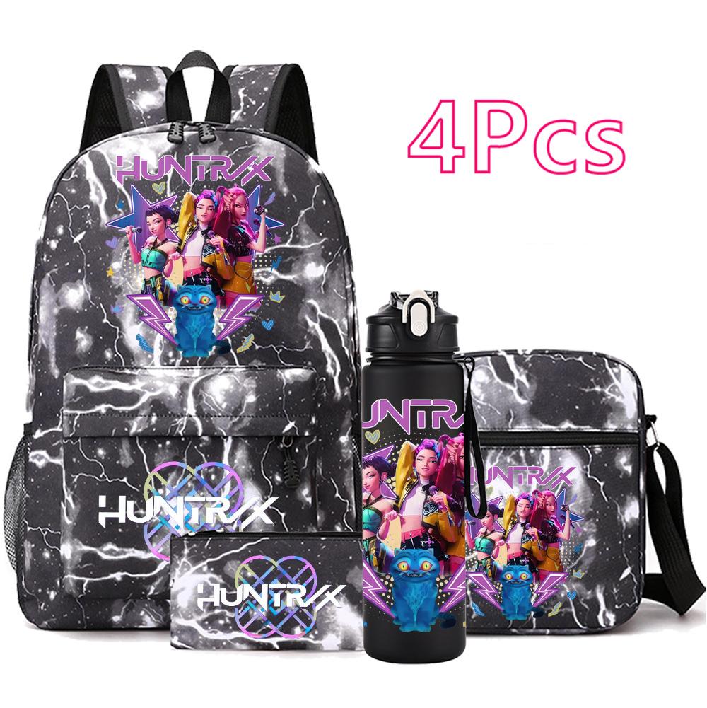 4-teiliges/Set Anime Niedlich K-Pop Bedruckter Rucksack mit 750 ml Wasserflasche für Teenager Schüler Mädchen Junge Schultasche Kindergeschenk Große Kapazität Reisetasche Mochila