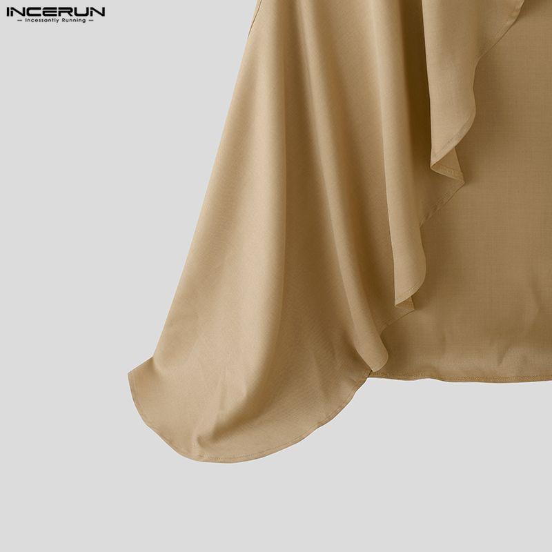 INCERUN Men Lapel Long Sleeve Irregular High Low Splits Ruffled Long Tunic Blazer Coats