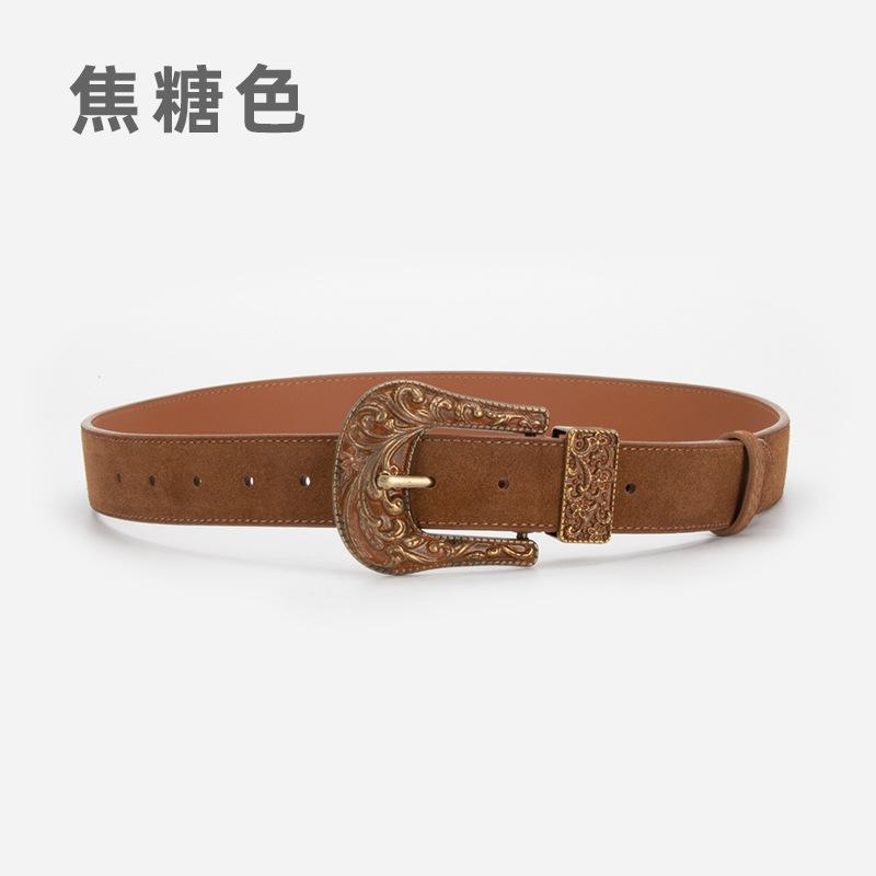 Women'S Leather Belt Personalized Retro Style Carved Needle Buckle Skirt Decorative Belt Women
