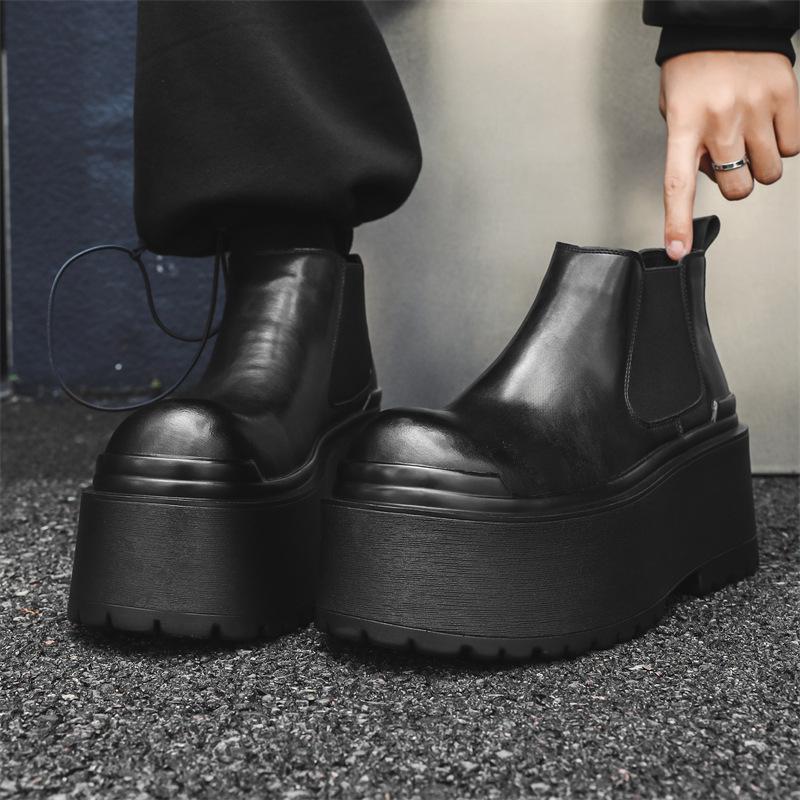 Herr mode punk hip hop hög platåstövlar slip-on naturläder skor cowboy chunky boot designer ankel chelsea botas man