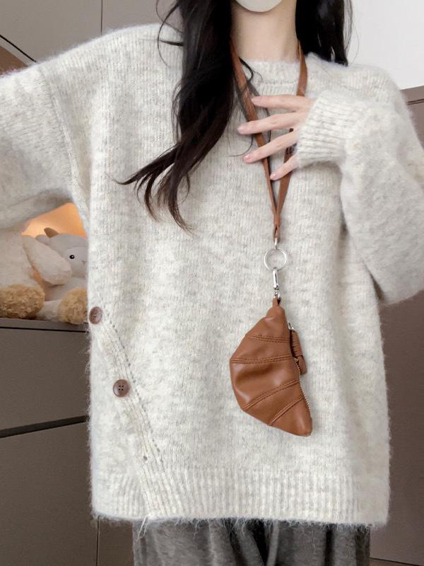 Autumn/Winter Loose Slit Pullover: Women's Solid Color Slimming Knitwear