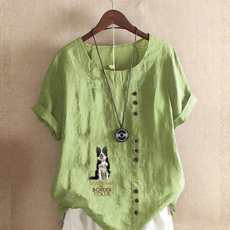 

Женская модная футболка с круглым вырезом и коротким рукавом, повседневная хлопковая льняная рубашка с рисунком, свободная летняя блузка с принтом для отдыха с милой собакой, топы 5XL зелёный