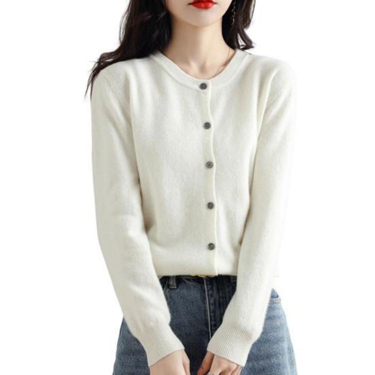 Long Sleeve Women Knitted Sweater Coat Single Breasted Round Neck