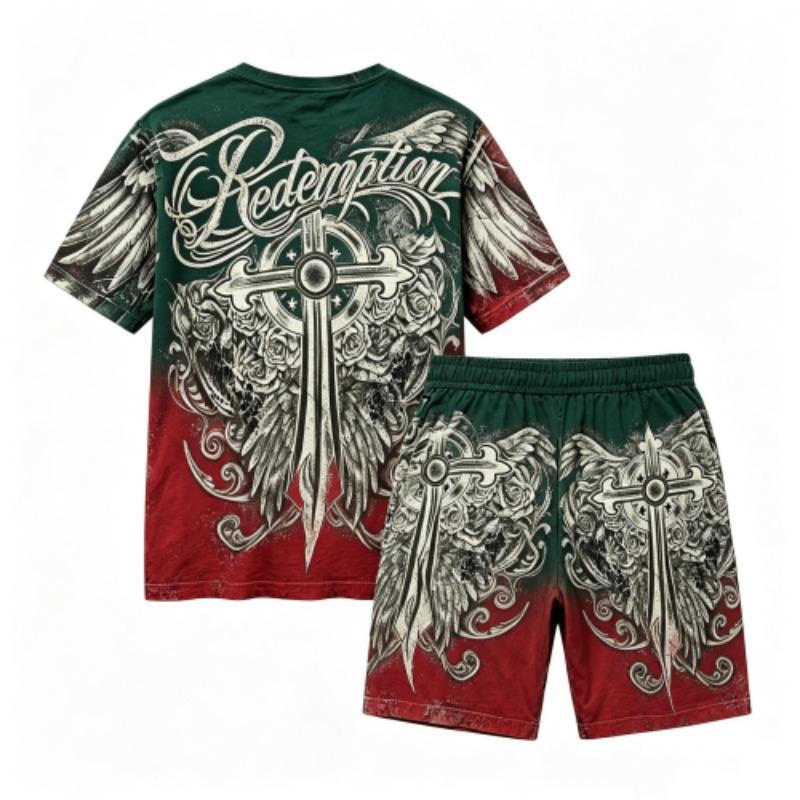Sommer Gotischer Stil Kreuzschwert Aufdruck Rundhals Kurzarm T-Shirt und Shorts Set Herren und Damen T-Shirt Shorts Set