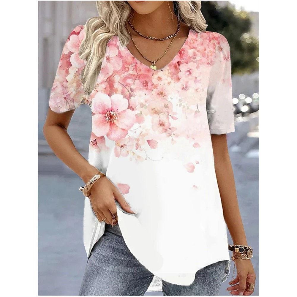 2024 New Women T-shirt Simple Floral Print Top Plus Size Women's Trend Clothing Fashion Short Sleeve Shirt Oversized V-Neck Tee