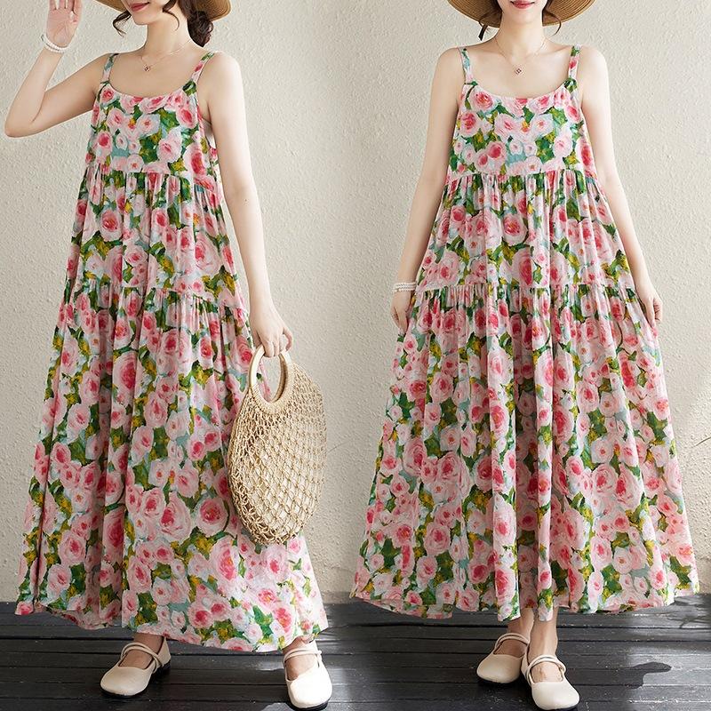 Vară Nou Bumbac și In Imprimare Subțire Cusătură Rochie Lungă Rochie Halter Largă Subțire Fustă Amplă