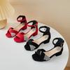 Children Mary Janes for Party Wedding Shows Low Heels Pleated Rhinestones Chic Girls Sandals Classic Red Kids Shoes PU 2024 New