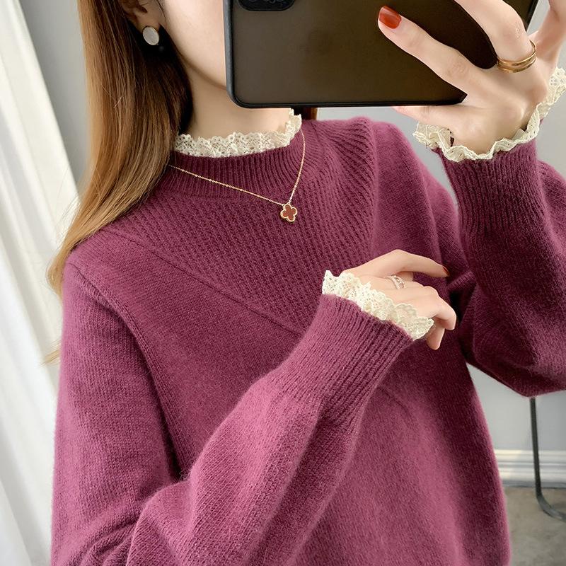 Women's Sweater Knitted Bottoming Shirt Spring Spring Autumn Versatile Semi-turtleneck New Lace Edge High Sense