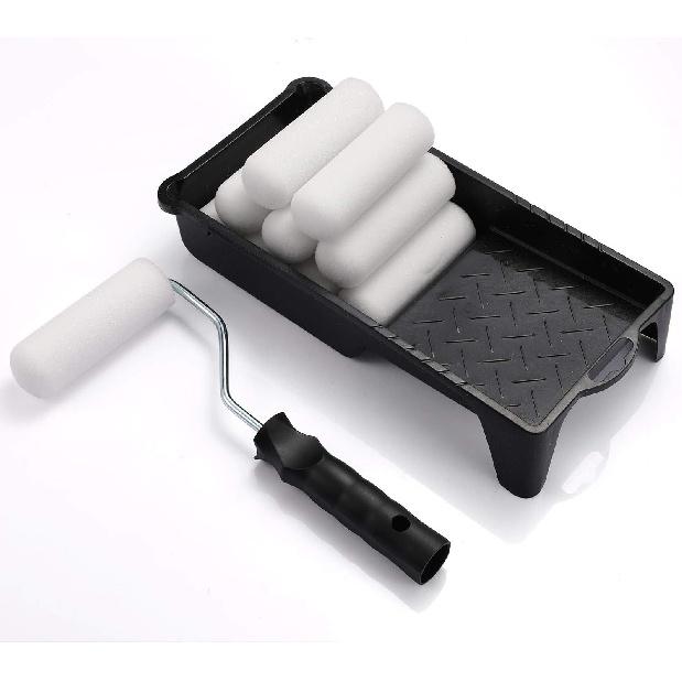 Foam Paint Roller, Roller Frame with 4-Inch Mini Paint Roller Cover Refills with Foam-Covered Ends, High-Density Foam Paint Tray Set for Room Home