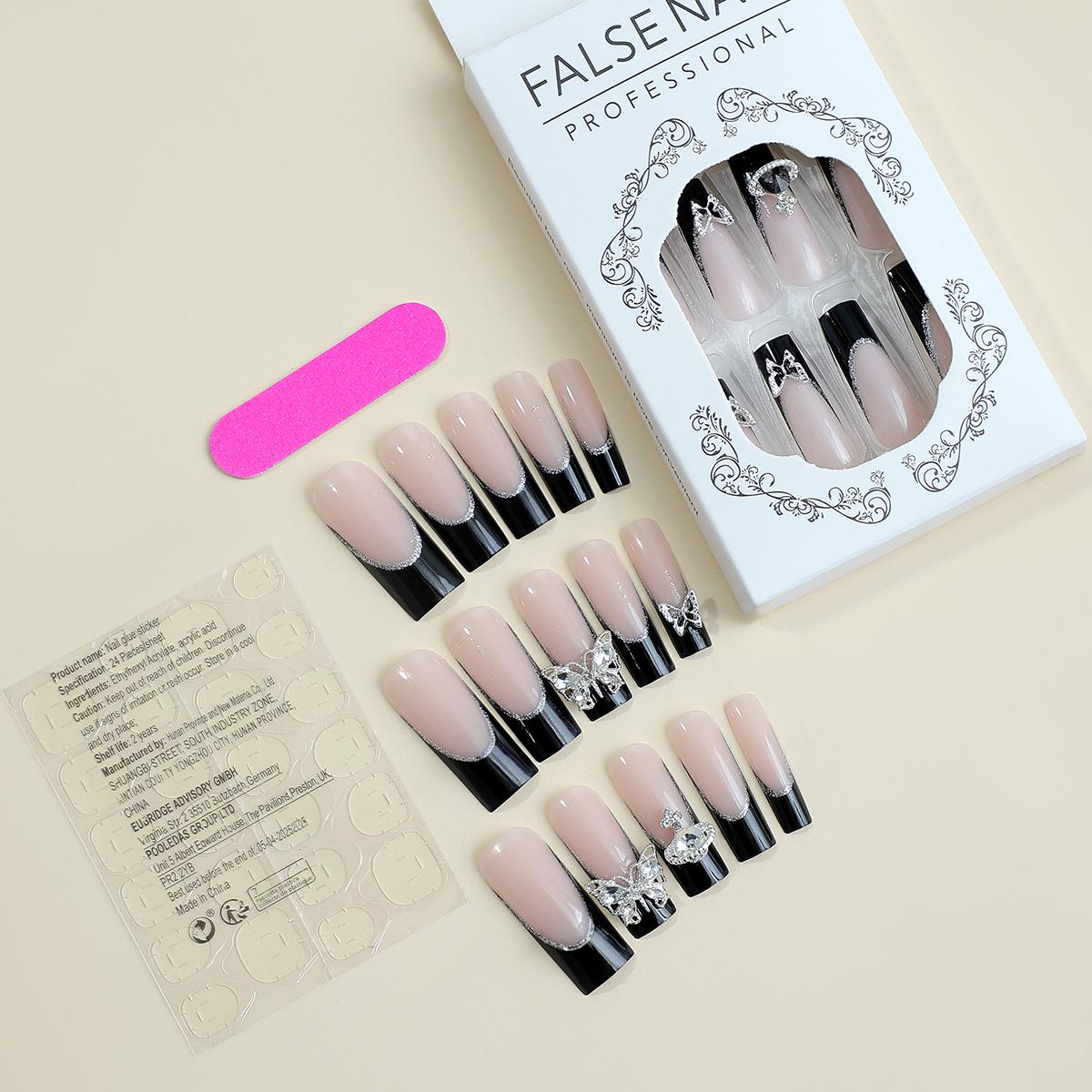 

XXXL Очень длинные черные французские наклейки для ногтей с точками и бабочками