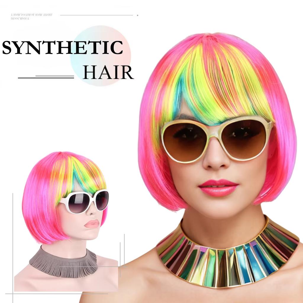 Colorful bangs short straight hair synthetic wig festival party cartoon party daily wear