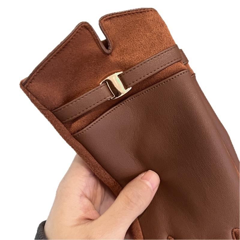 Leather Gloves Winter Women's Velvet Thickened Warm Windproof Cold Outdoor Riding Electric Car Can Be Five Fingers Tide
