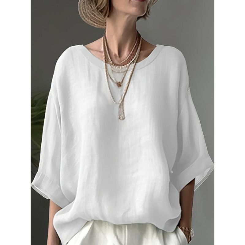 round-Neck Short-Sleeve Top Solid Comfortable Round Neck Drop Shoulder Sleeve Loose Plus Size Top Women