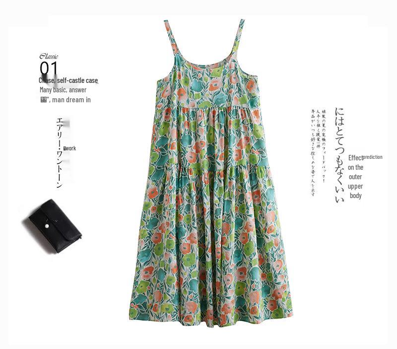 2025 Summer Cotton Linen Patchwork Long Dress: Slimming, Loose Fit, Printed, Large Hem