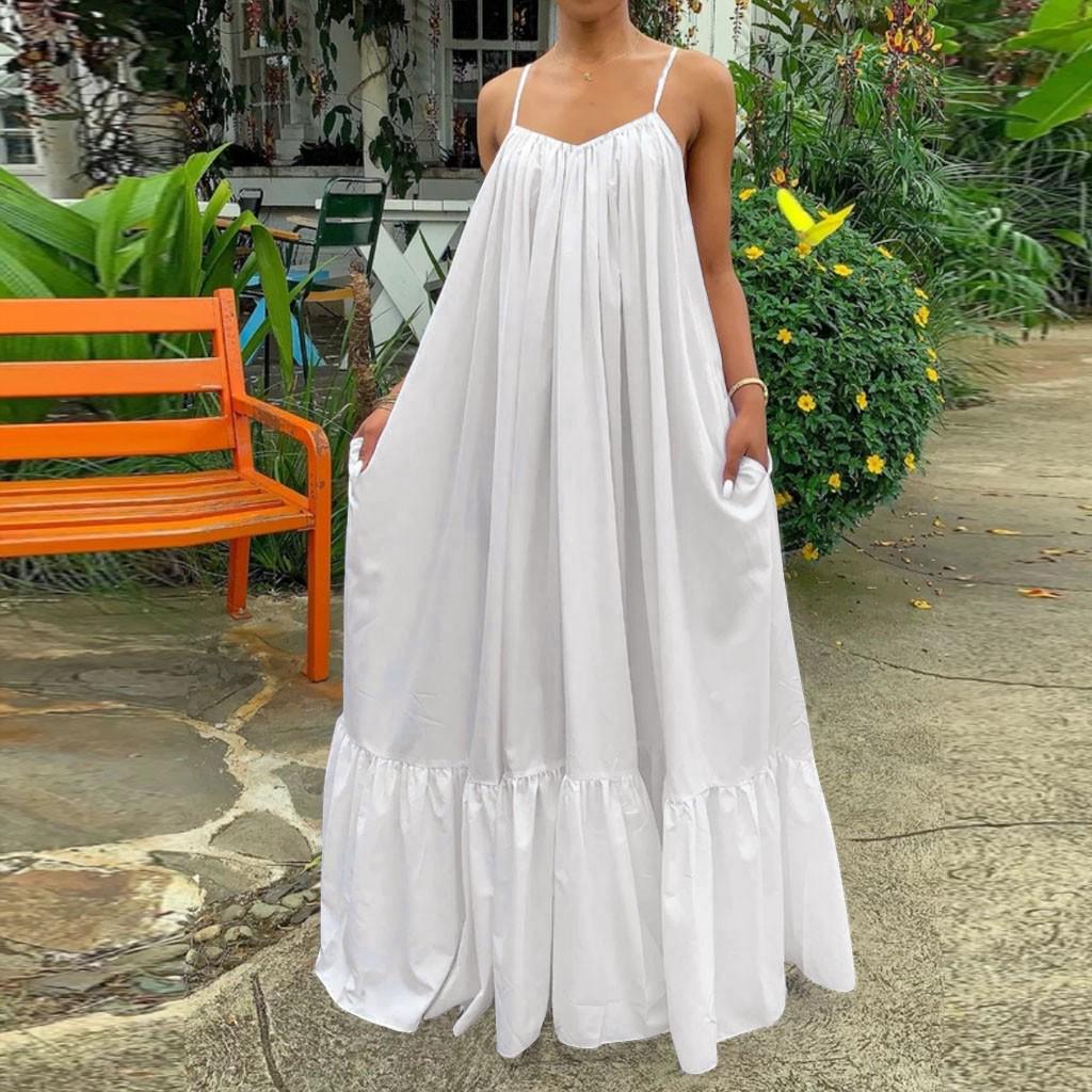 Women Fashion Casual Solid Strap Dress Pocket Loose Backless Big Swing Dress