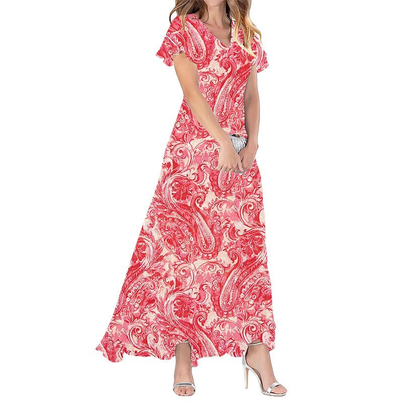 Summer new big pendulum long dress V-neck short-sleeved printed chiffon dress