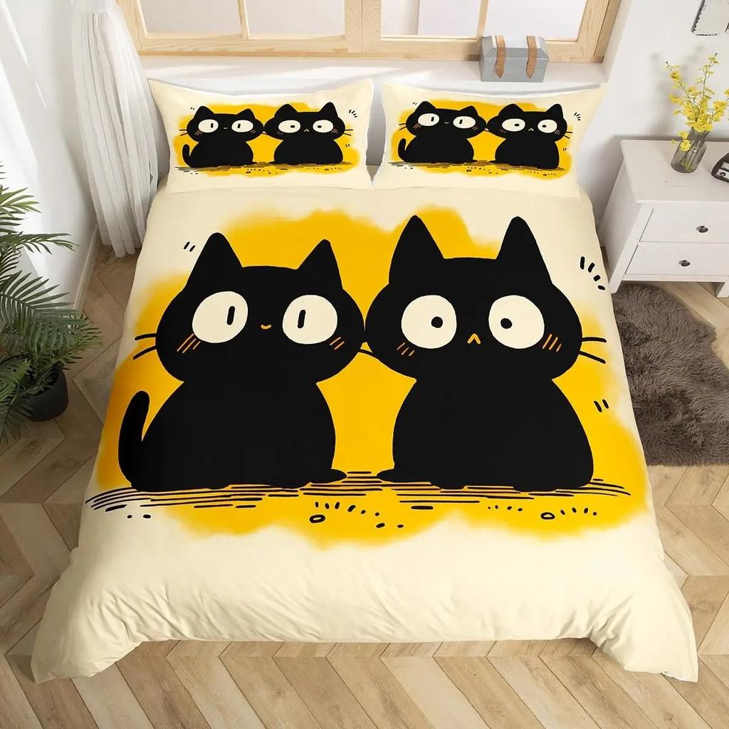 Cartoon Black Cat Duvet Cover Watercolor Flower Bedding Set Pet Animals Botanical Comforter Cover Romantic Rustic Quilt Cover