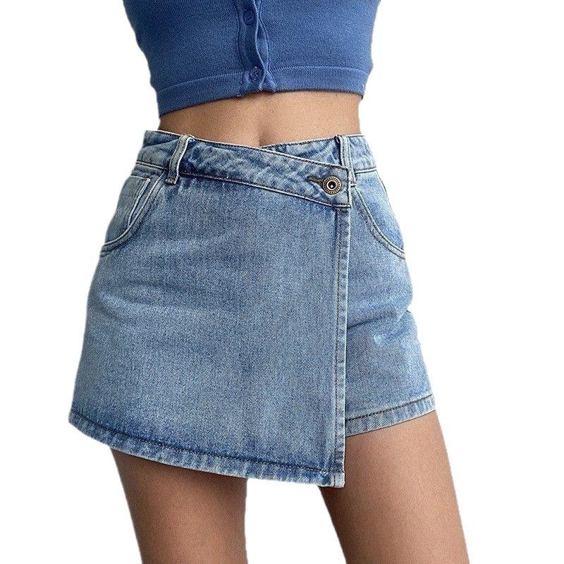 Women High Waist Wrap Denim Skort Light Blue Casual Jean Skirt Shorts