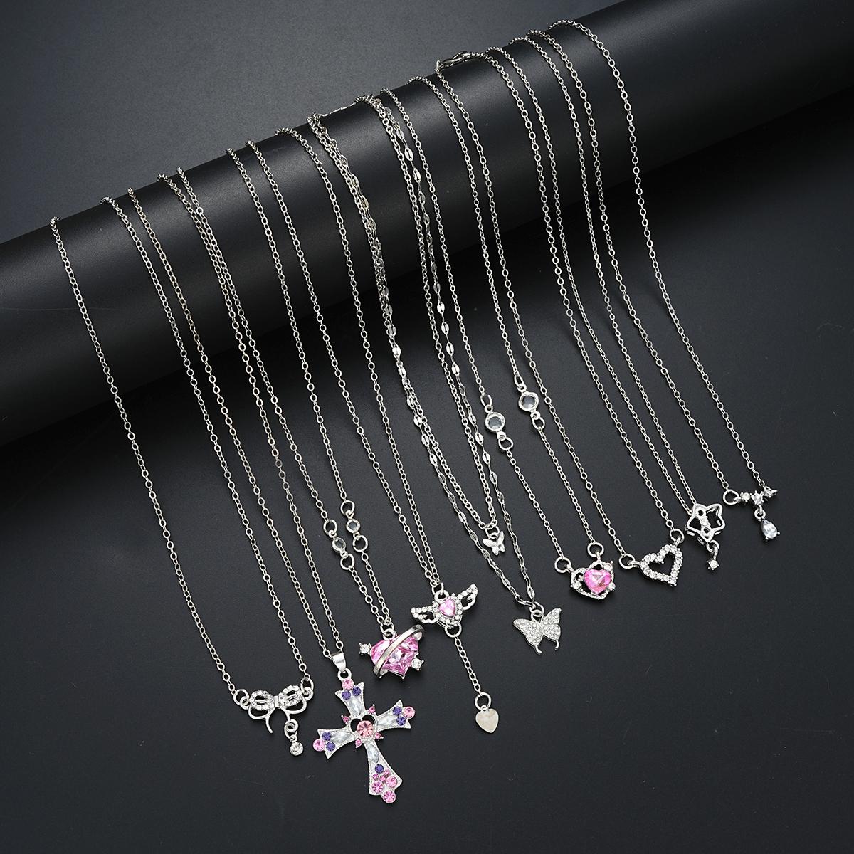 9 Pcs Women s Elegant Zircon Pendants Necklace Set Fashion Pink Color Cross Butterfly Heart Bowknot Necklaces Party Jewelry Gift