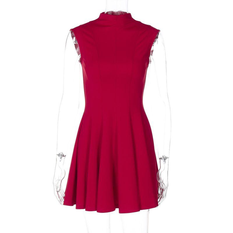 

Solid Color Sleeveless Thank You Pure Color Half Collar Sleeveless Cinched Waist Pleated Skirt Red M