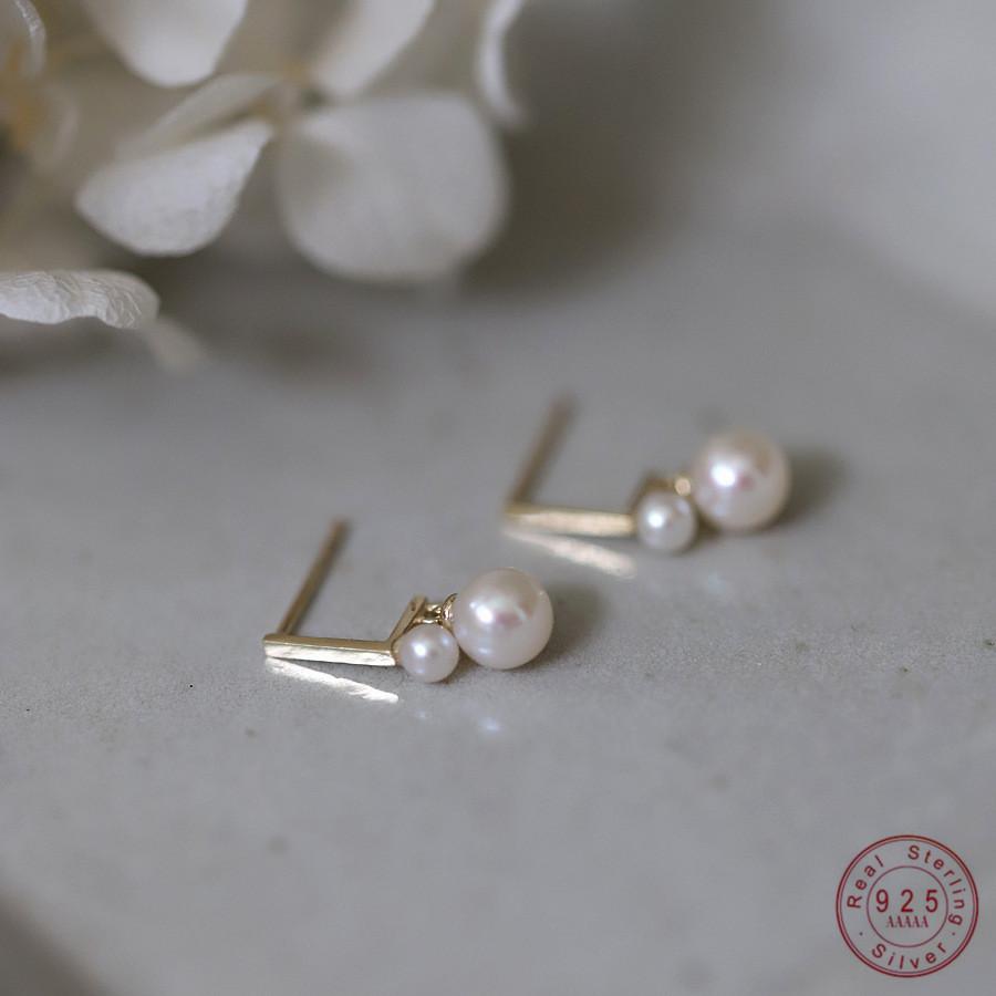 925 Sterling Silver Plating 14K Gold Two Pearl Earrings for Women Romantic Wedding Jewelry Accessories