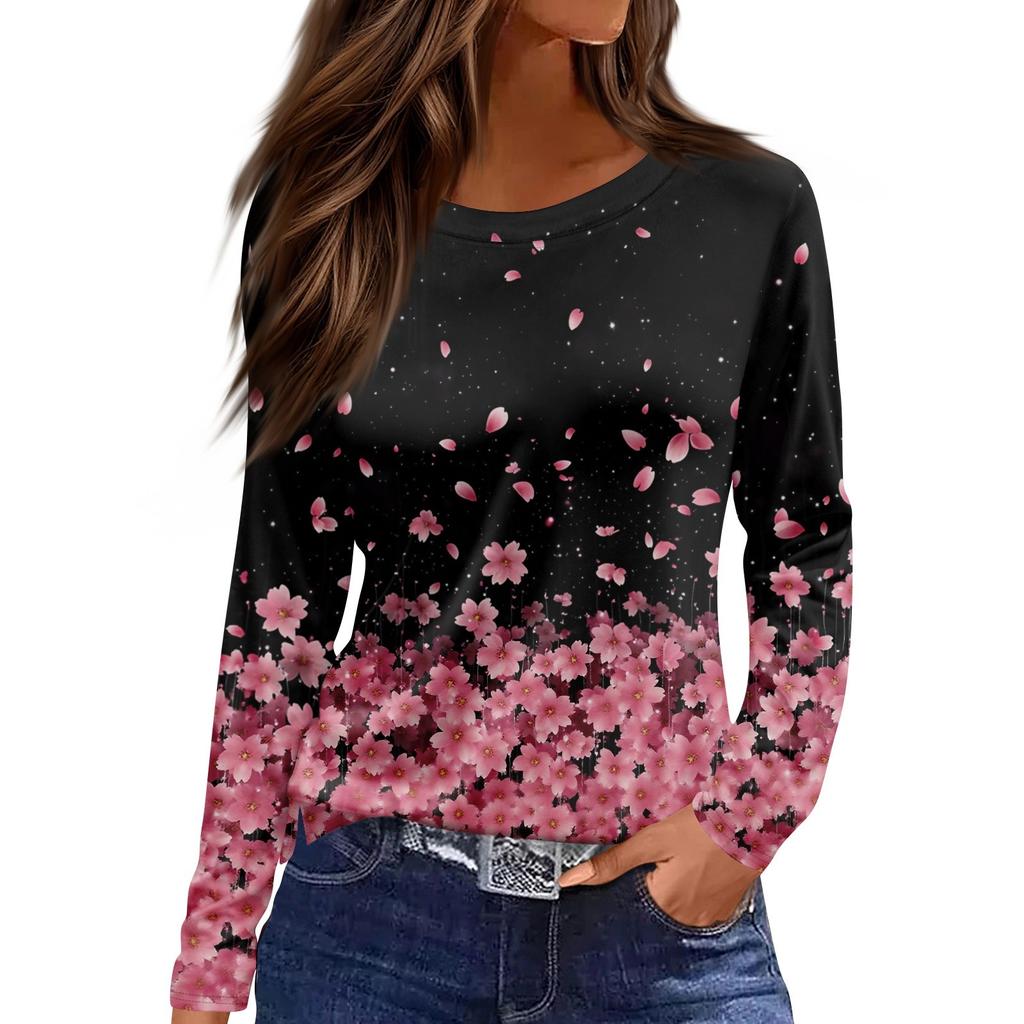 Dámský denní ležérní top s dlouhým rukávem a potiskem s kulatým výstřihem