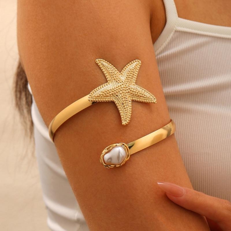 Adjustable Bracelet Starfish Pearls Bangle For Women Elegant Upper Arm Wristband Jewelry Piece Lightweight Alloy Design