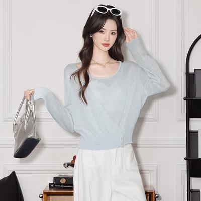 Top da donna a manica lunga in maglia fine, misto lyocell e lino