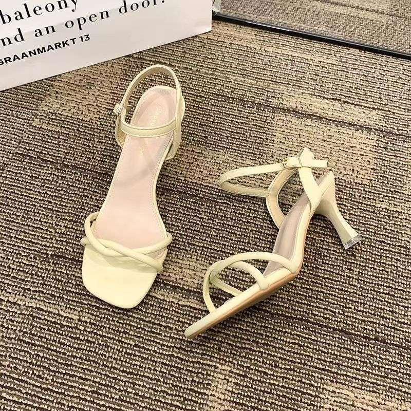 2025 Summer New Thin Strap Square Head One-word Sandals Versatile High Heels Foreign Korean Version with Skirt Light Luxury Women's Shoes