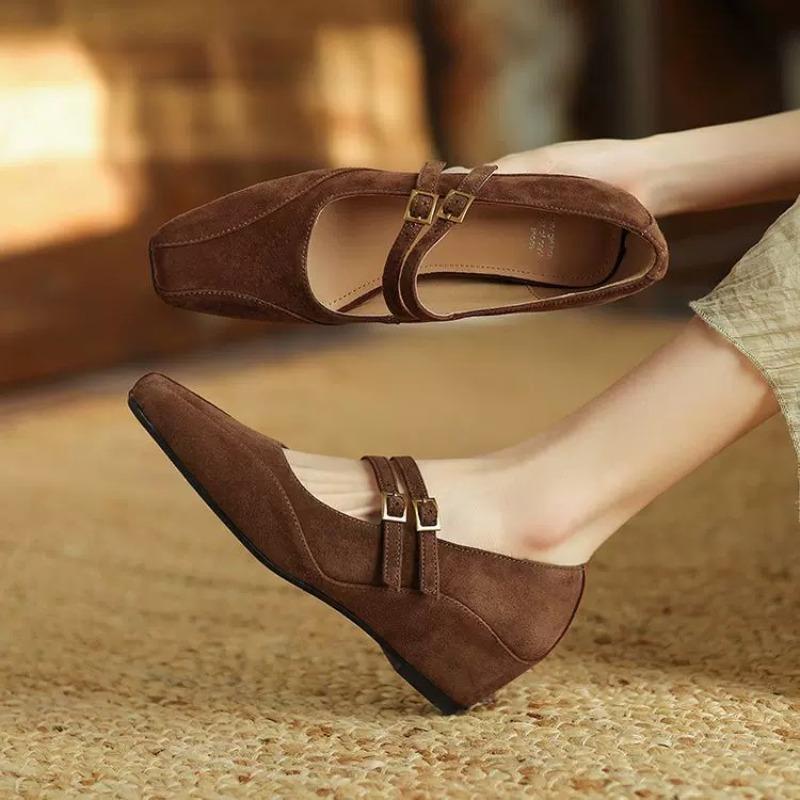 New Inside Heightened Single Shoes Women's Square Toe Shallow Mouth Double Buckle Lace-Up Mary Jane Single Shoes
