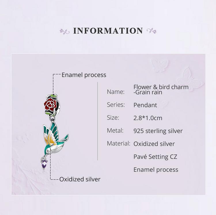Bamoer Genuine 925 Sterling Silver Flower & Bird Charms Grain Rain Pendant Fit Women Snake Bracelet & Bangle Spring Jewelry Gift
