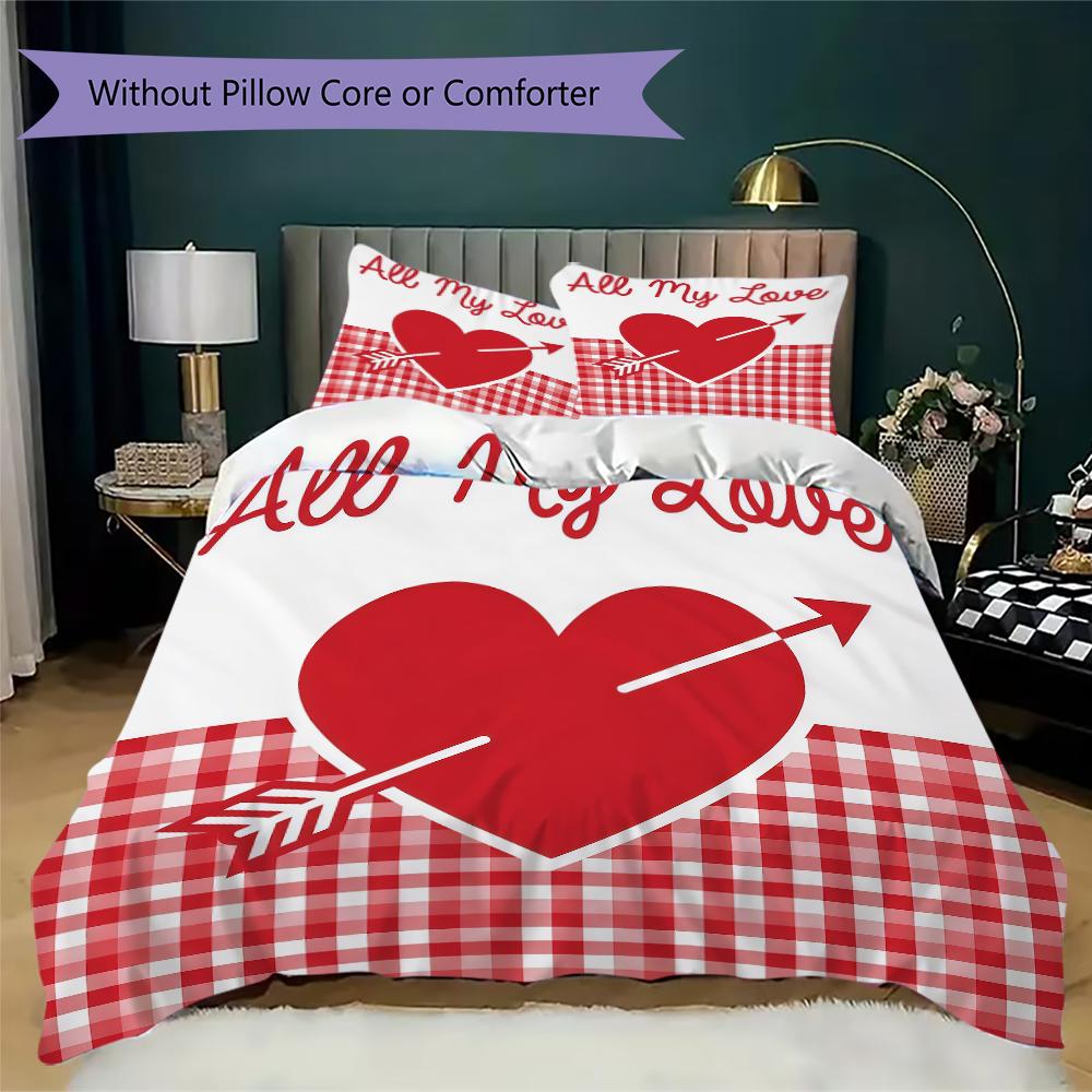 Rotes Love-Muster Bettwäsche-Steppdecken-Set Steppdeckenbezug Kissenbezug Heimdekoration Geburtstagsgeschenk (1 * Bettbezug + 2 * Kissenbezug ohne Füllung)