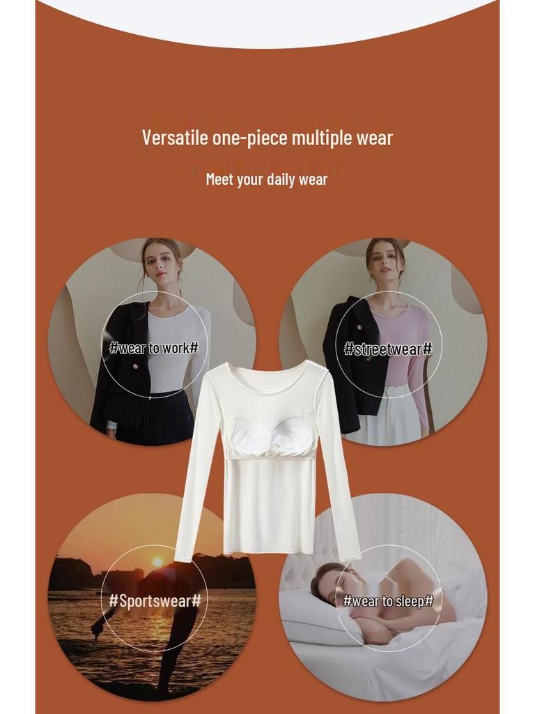Modal Long-Sleeve Women's Base Shirt with Chest Pads, No Underwire, Integrated Cup, Autumn/Winter Outerwear & Sleepwear