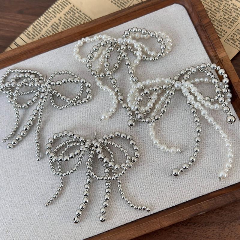 Fashionable Pearls and Silver Bead Butterfly Bowknot Pendant Portable Accessory for Parties Supplies and Office Wear