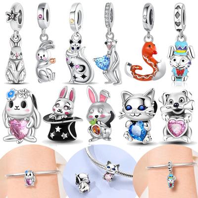 Original Hatched Snake White Rabbit Blue Zircon Heart Catcopper Animal Pendant Charm Bead Fit Bracelet Women Gift Accessory