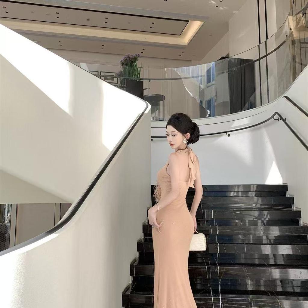 Fashion and sexy neck open shoulder waist pleated women's clothing summer pleated waist high-end light luxury medium and long dress