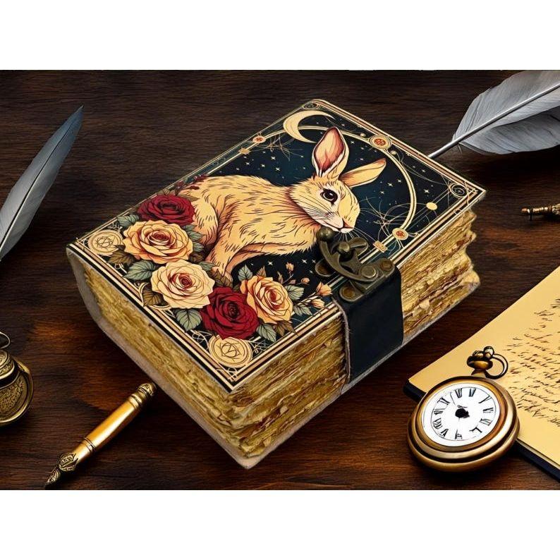 Handmade Leather Journal – Rabbit & Roses • Travel Diary / Sketchbook • Gift for Animal Lover