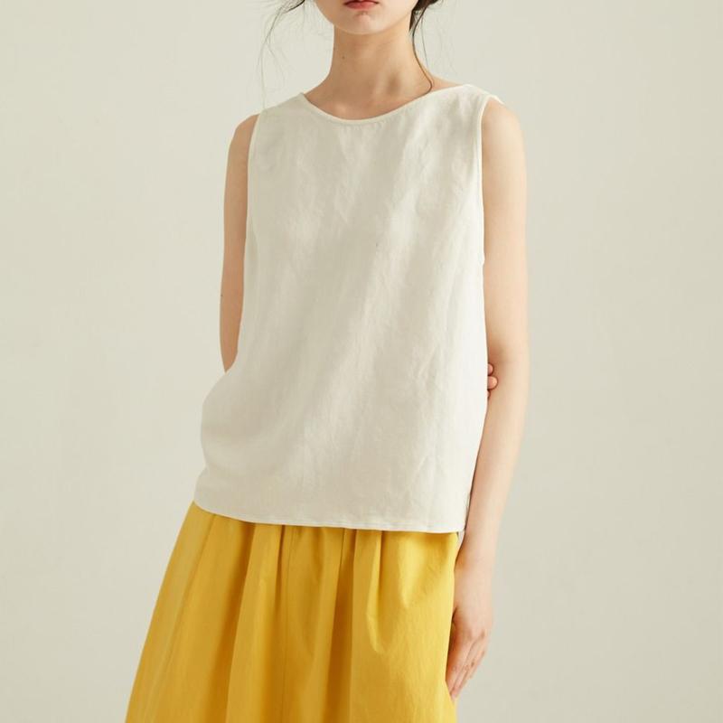 Women Clothing Vintage Simple Causal Vacation with Buttons Linen Tank Tops Summer Female V Neck White Loose Sleeveless Vest