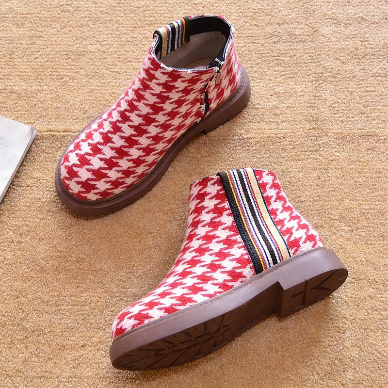 2026 Spring Autumn Women Houndstooth Shoes Ankle Chelsea Boots Flat Red White Side Zipper Brand Ladies Single Boots