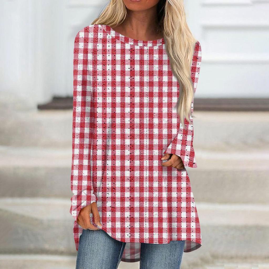 Womens Tops Round Neck Long Sleeve Blouses Casual Mid-length Shirts Fashion Print Tunic Tops