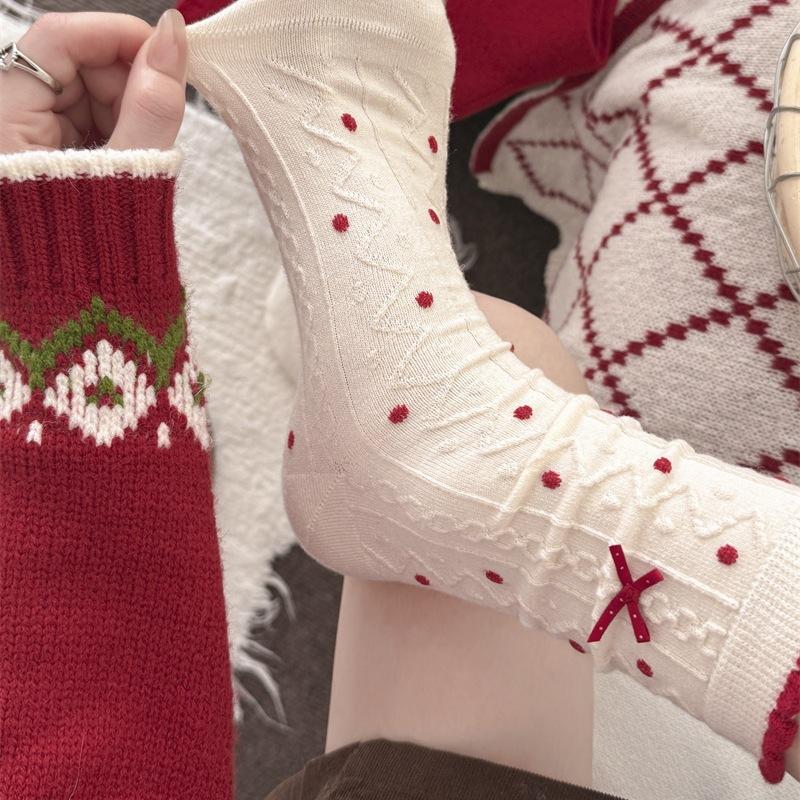 Christmas Bright Red Warm Wool Socks Bow Striped Cartoon Tube Socks New Year'S Red Stacking Socks