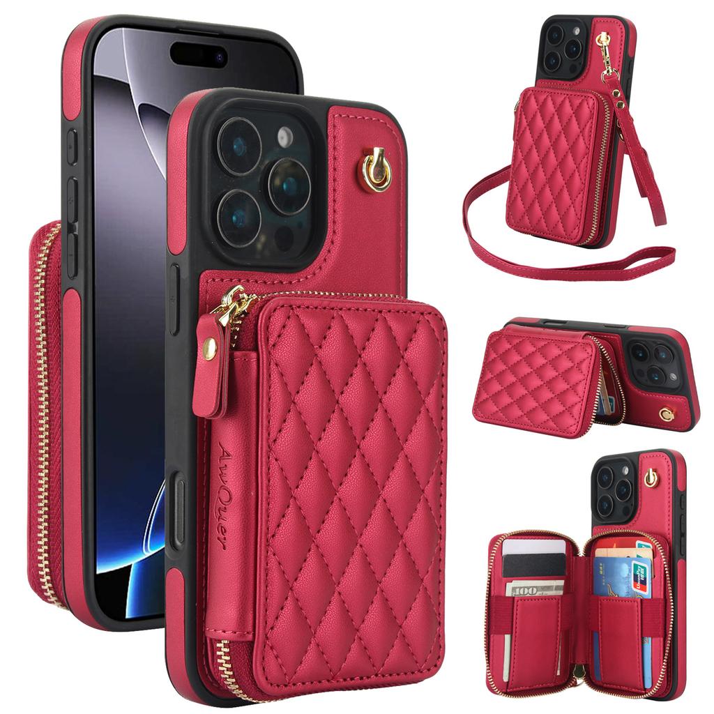 Quilted Zipper Wallet Phone Case For IPhone 15/14/13/12 - 7 Colors Leather Card Holder Cover