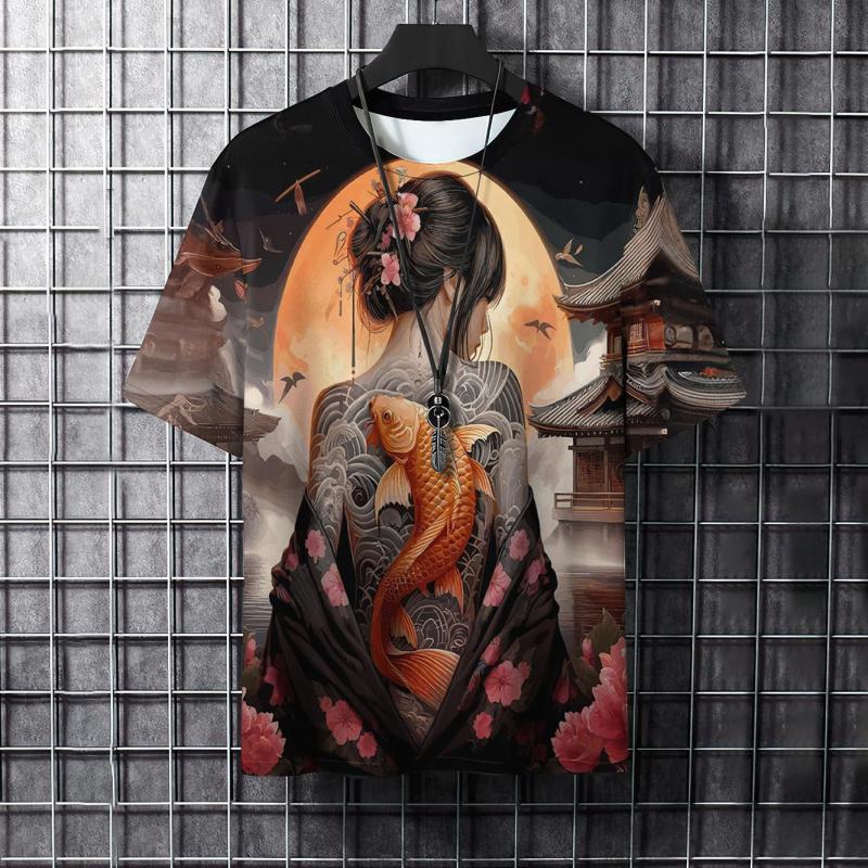 Pánské tričko s 3D potiskem a kresleným zvířecím potiskem, stylové, s grafickým potiskem a samurajskými tetováními, trendy, ležérní, Harajuku, streetwear, hip hopové tričko.