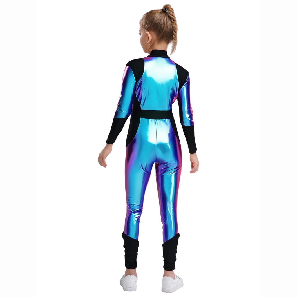 Kinder Halloween Außerirdischen Cosplay Overall: Langärmeliger Hochtaillierter Glänzender Metallischer Reißverschluss Sportlicher Body für Rollenspiele