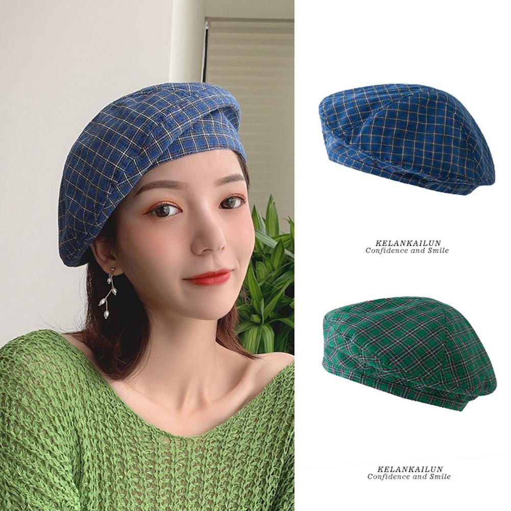 Women Retro Style Thin All Match Plaid Printing Beret Painter Cap