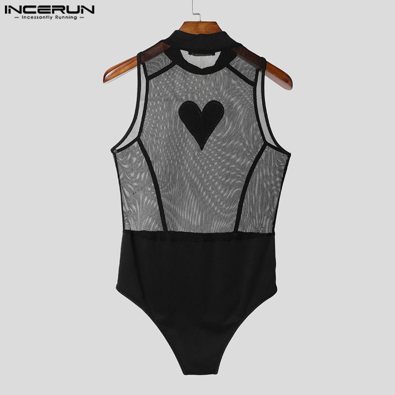 INCERUN Men Sleeveless Mesh Patchwork Printed Briefs Jumpsuits Bodysuits