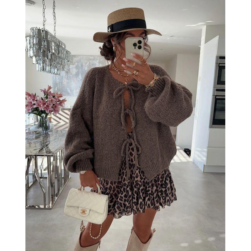 Simple Sweater2025 European and American Autumn and Winter New Women round Neck Lace-up Knit cardigan Simple Sweater Outerwear