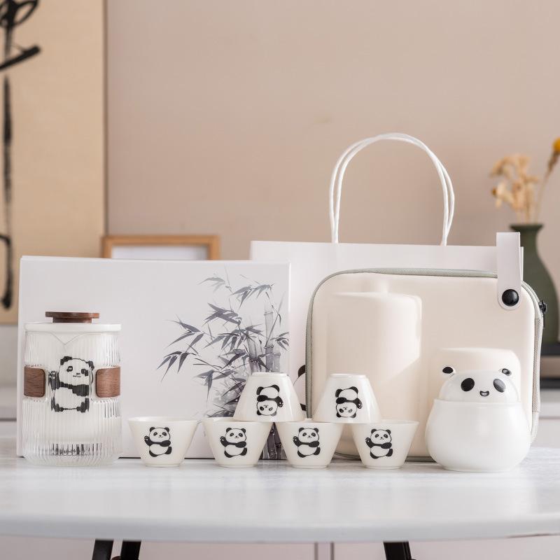 Panda Speckstein Jade Porzellan Reise-Teeset Outdoor Tragbar Sichuan Sehenswürdigkeit Geschäfts-Erinnerungsgeschenk