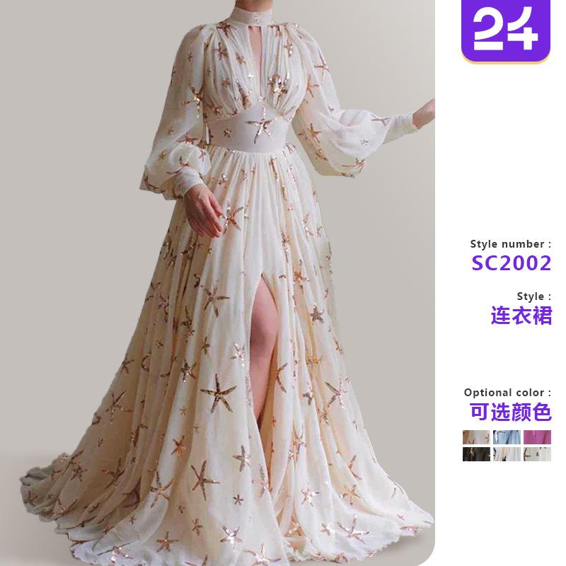 YX2025 new multi-color mass stock semi-turtleneck sequin slit lantern sleeve big pendulum dress chiffon dress