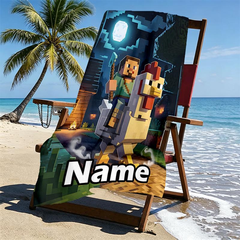Custom Name Personalized Minecraft Print Beach Towel, for Trip Camping Beach Party Home Decor, Birthday Gift for Family & Friends